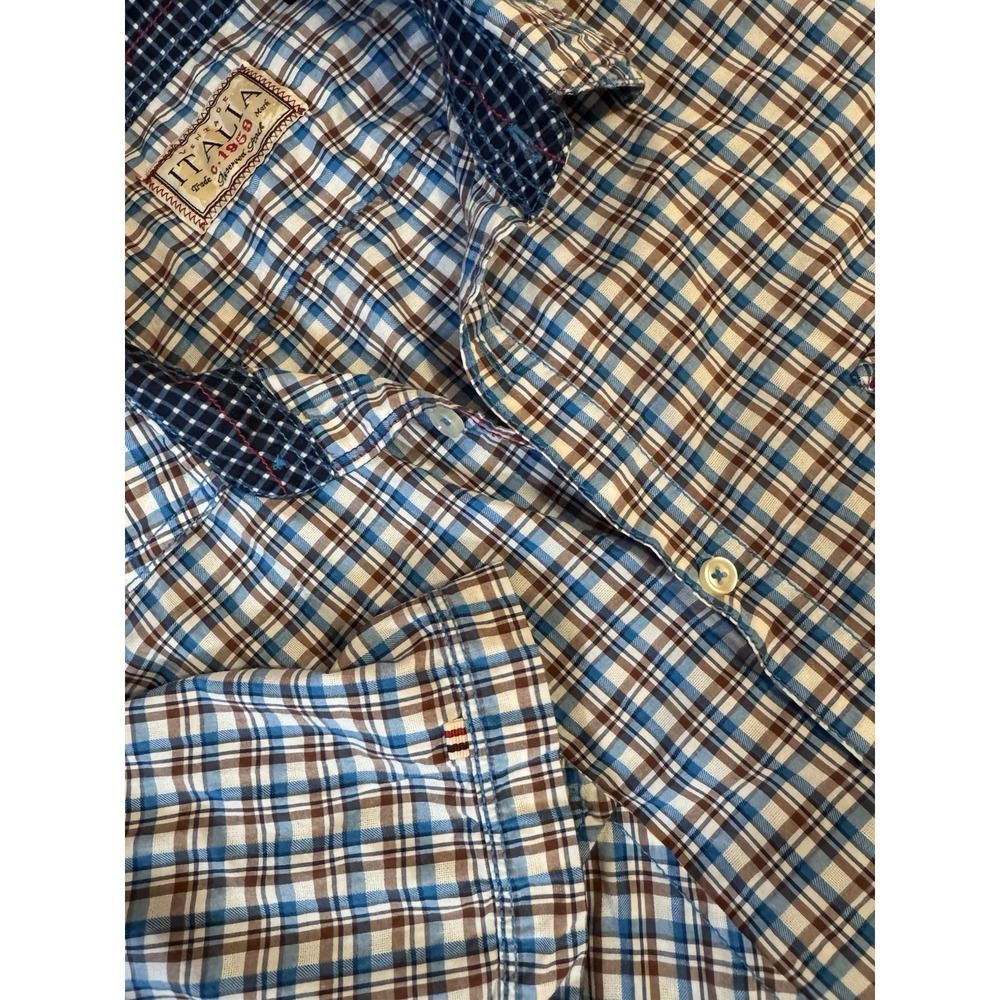 Men's‎ Vintage ITALIA Blue Brown Plaid Shirt XXL, see photos and measurements